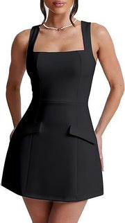 Women's Sexy Skinny Sleeveless Square Collar Mini Dress gogodiggity