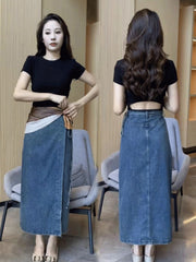 Women's Waist Slit Blue Denim Skirt gogodiggity