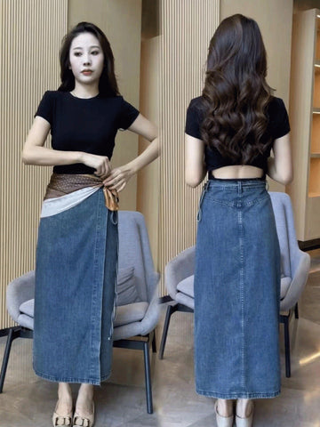 Women's Waist Slit Blue Denim Skirt gogodiggity