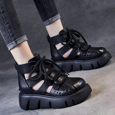 Women's Platform Sandals All-matching Hollow Hole Hole Shoes Fashion Soft Leather Cowhide Sandal Boots gogodiggity