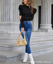 Bubble Sleeve Slim Leopard Buckle Personality Ruffled Top gogodiggity