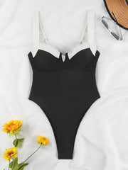Elegant Black & White Color-Block One-Piece Swimsuit for Women - Slimming, High-Stretch Nylon/Spandex Fabric, Machine Washable gogodiggity