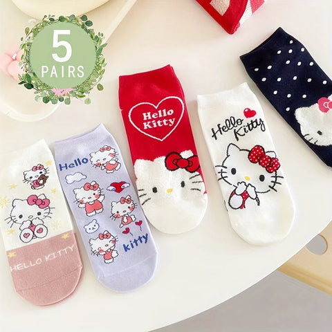 5 Pairs Sanrio Hello Kitty Women Socks  Kawaii New Fall Cartoon Children Mid-calf Socks Combed Cotton Sock for Girls gogodiggity