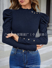 Bubble Sleeve Slim Leopard Buckle Personality Ruffled Top gogodiggity
