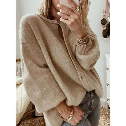 Trendy Women's Long Sleeve Knit Cardigan Sweater With Lantern Sleeves - Plus Size Casual Blouse gogodiggity