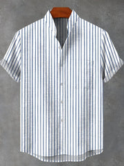 Men's Stand Collar Contrast Color Striped Casual Cool Versatile Short Sleeve gogodiggity