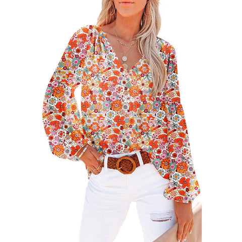 Women's Floral Chiffon Shirt Loose V-neck Casual Top gogodiggity