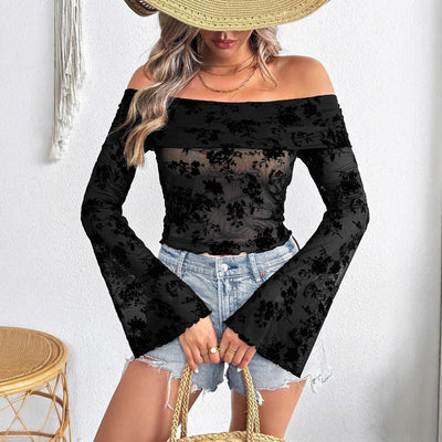 European And American Mesh Flocking Floral Print Off-the-shoulder Flared Sleeves Slim T-shirt gogodiggity