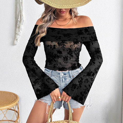 European And American Mesh Flocking Floral Print Off-the-shoulder Flared Sleeves Slim T-shirt gogodiggity