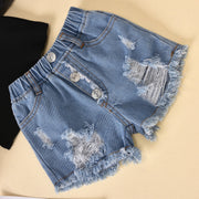 Children'S Clothing Cotton Dot Mesh Sleeves Striped Top Ripped Denim Shorts Kids Suit gogodiggity