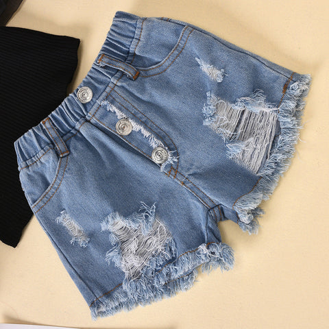 Children'S Clothing Cotton Dot Mesh Sleeves Striped Top Ripped Denim Shorts Kids Suit gogodiggity