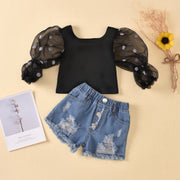 Children'S Clothing Cotton Dot Mesh Sleeves Striped Top Ripped Denim Shorts Kids Suit gogodiggity