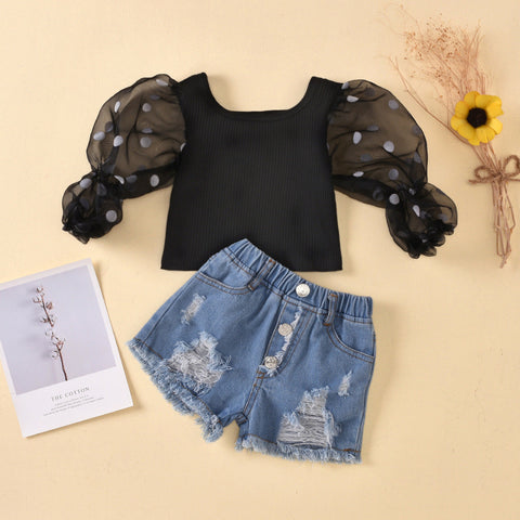 Children'S Clothing Cotton Dot Mesh Sleeves Striped Top Ripped Denim Shorts Kids Suit gogodiggity