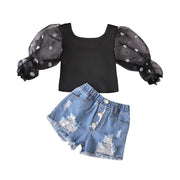 Children'S Clothing Cotton Dot Mesh Sleeves Striped Top Ripped Denim Shorts Kids Suit gogodiggity