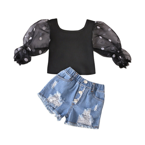 Children'S Clothing Cotton Dot Mesh Sleeves Striped Top Ripped Denim Shorts Kids Suit gogodiggity