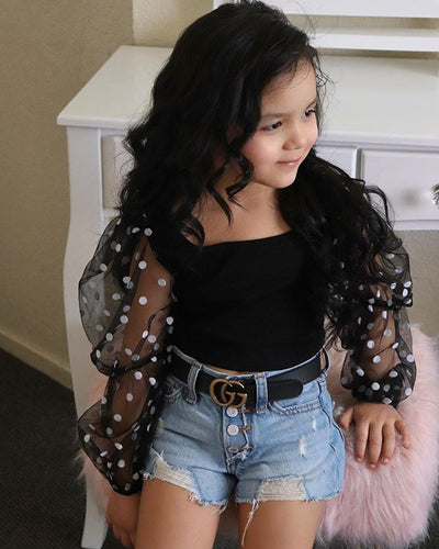 Children'S Clothing Cotton Dot Mesh Sleeves Striped Top Ripped Denim Shorts Kids Suit gogodiggity