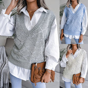 Women's V-neck Hollow Rhombus Casual Knitted Sweater Vest gogodiggity