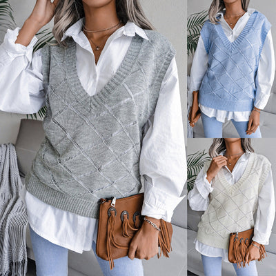 Women's V-neck Hollow Rhombus Casual Knitted Sweater Vest gogodiggity