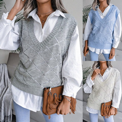 Women's V-neck Hollow Rhombus Casual Knitted Sweater Vest gogodiggity