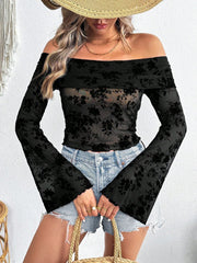 European And American Mesh Flocking Floral Print Off-the-shoulder Flared Sleeves Slim T-shirt gogodiggity