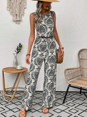 Printed Waist Cinching Casual Straight Leg Pants Set gogodiggity