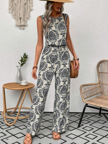 Printed Waist Cinching Casual Straight Leg Pants Set gogodiggity