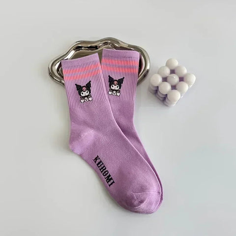 5pairs Cute Sanrio Kuromi Cartoon Mid-Calf Socks for Women - Breathable & Comfortable Cotton Blend Harajuku Girls Socks gogodiggity