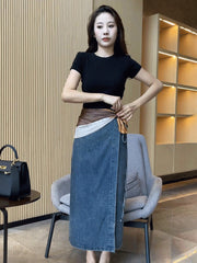 Women's Waist Slit Blue Denim Skirt gogodiggity