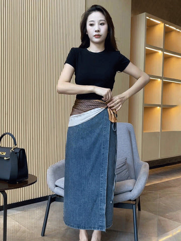 Women's Waist Slit Blue Denim Skirt gogodiggity