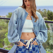 Washed Loose Round Neck Zipper Light Blue European And American Denim Jacket gogodiggity
