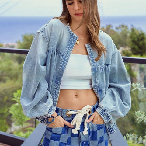 Washed Loose Round Neck Zipper Light Blue European And American Denim Jacket gogodiggity