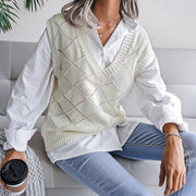 Women's V-neck Hollow Rhombus Casual Knitted Sweater Vest gogodiggity