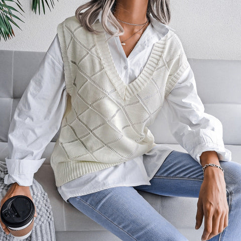 Women's V-neck Hollow Rhombus Casual Knitted Sweater Vest gogodiggity