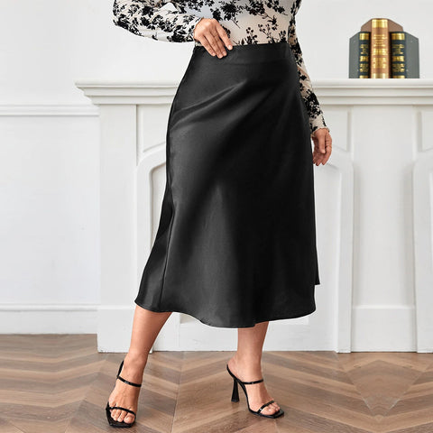 High Waist Zipper Large Hem Satin Satin Temperament Skirt