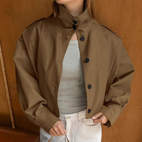 Khaki Lapel Simple Single-breasted Coat gogodiggity