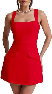 Women's Sexy Skinny Sleeveless Square Collar Mini Dress gogodiggity