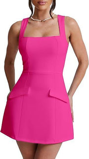 Women's Sexy Skinny Sleeveless Square Collar Mini Dress gogodiggity