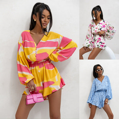 Printed V-neck Long Sleeve Jumpsuit gogodiggity