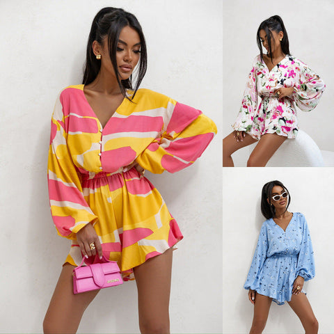Printed V-neck Long Sleeve Jumpsuit gogodiggity