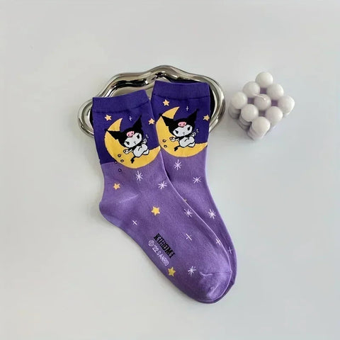 5pairs Cute Sanrio Kuromi Cartoon Mid-Calf Socks for Women - Breathable & Comfortable Cotton Blend Harajuku Girls Socks gogodiggity