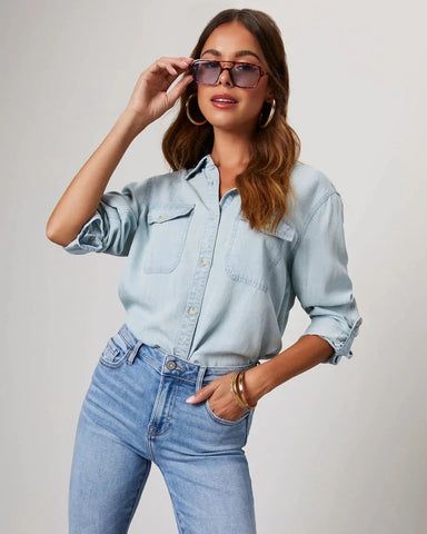 CPSYMYM Women Casual Western Denim Shirt Solid Turn Down Single Breasted Long Sleeve Shirt Oversized Shirts Blusas Para Mujer gogodiggity