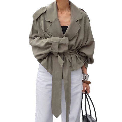 Women's Large Lapel Lace-up Trench Coat Fashionable Jacket gogodiggity