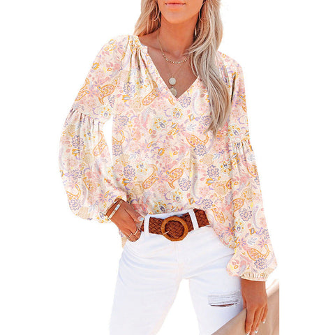 Women's Floral Chiffon Shirt Loose V-neck Casual Top gogodiggity