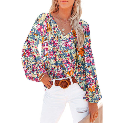 Women's Floral Chiffon Shirt Loose V-neck Casual Top gogodiggity