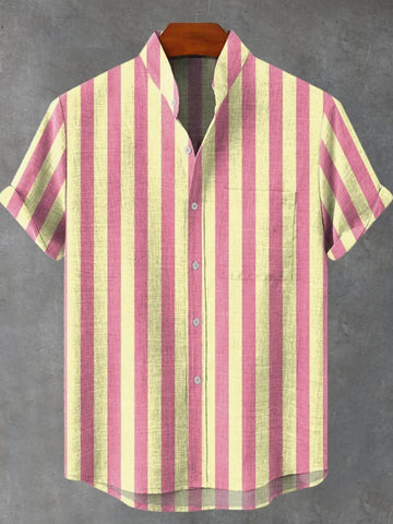 Men's Stand Collar Contrast Color Striped Casual Cool Versatile Short Sleeve gogodiggity