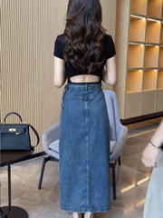 Women's Waist Slit Blue Denim Skirt gogodiggity
