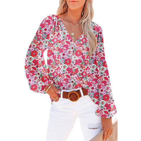 Women's Floral Chiffon Shirt Loose V-neck Casual Top gogodiggity