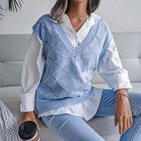 Women's V-neck Hollow Rhombus Casual Knitted Sweater Vest gogodiggity