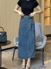 Women's Waist Slit Blue Denim Skirt gogodiggity