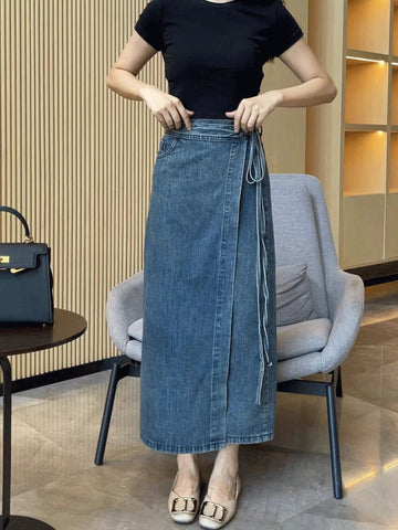 Women's Waist Slit Blue Denim Skirt gogodiggity